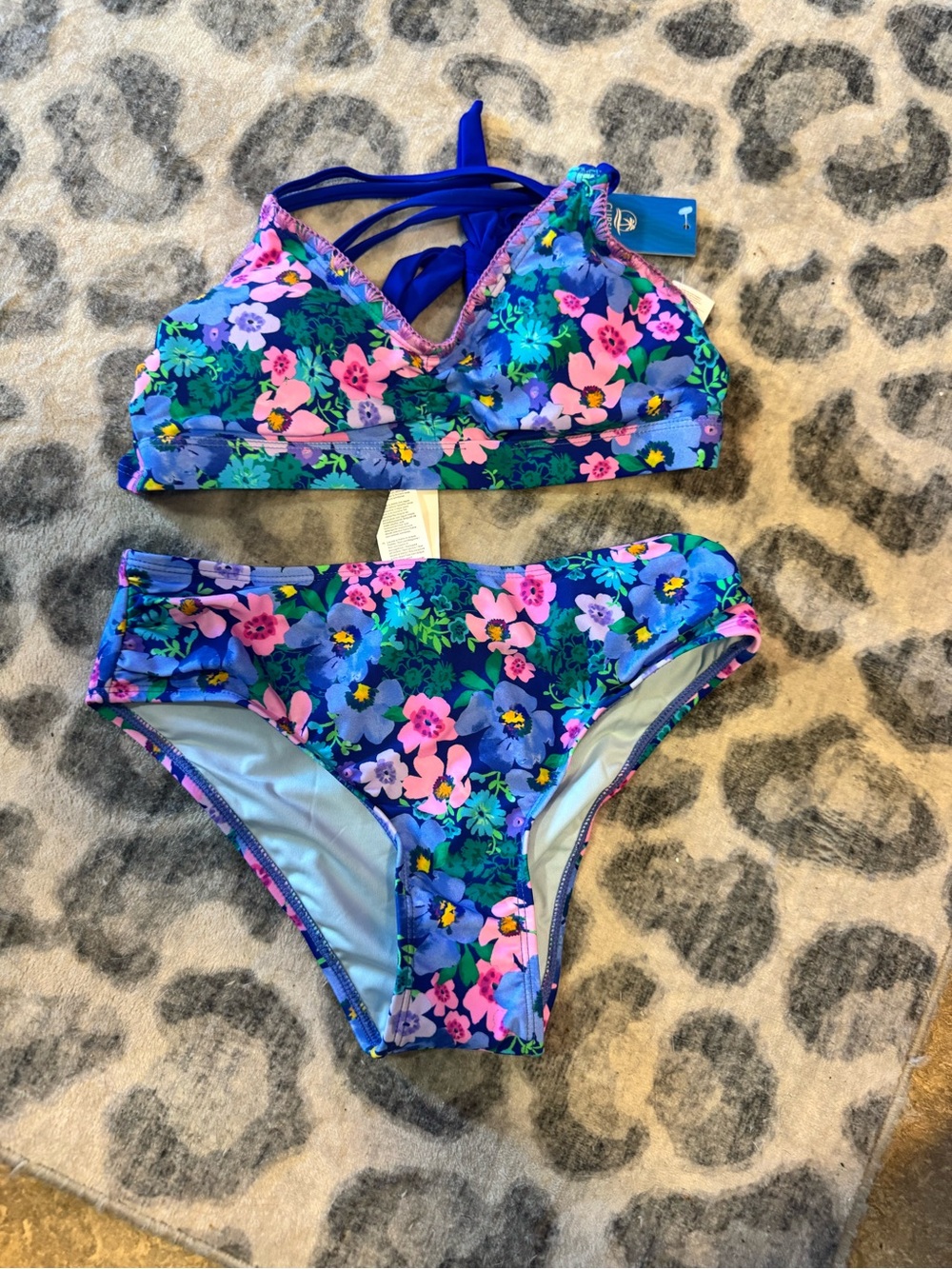 Cupshe Blue Floral Cross-Back Bikini with Pink & Purple Blooms
